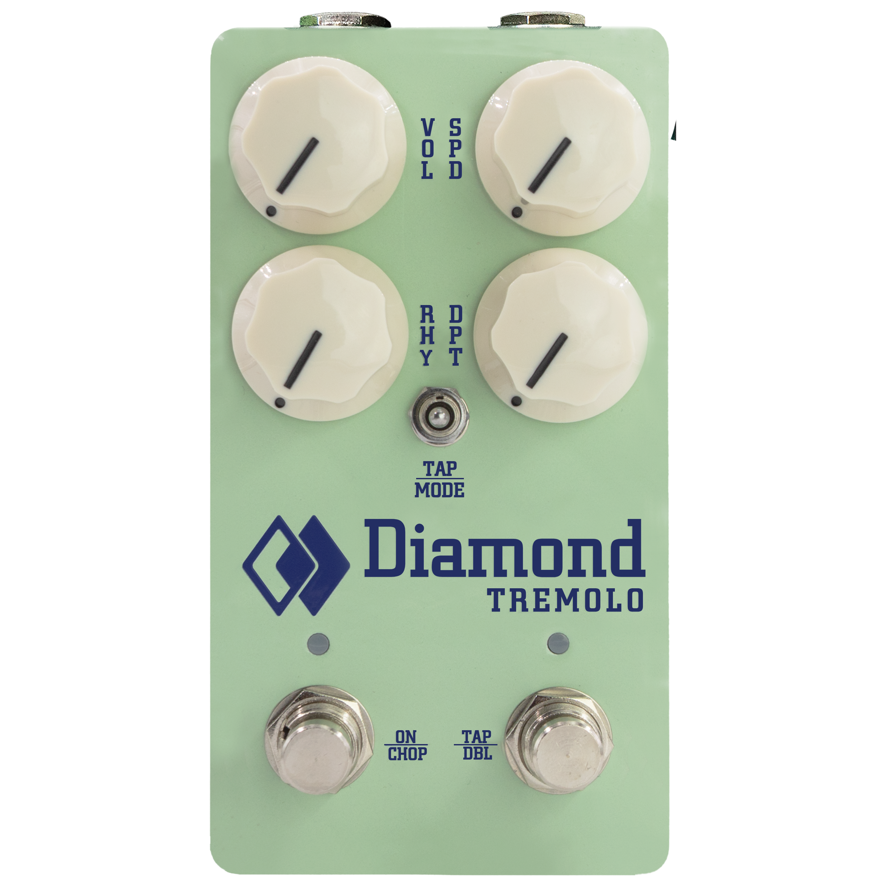 Light green guitar effects pedal with four knobs, two footswitches, toggle switch, and Diamond Tremolo branding.