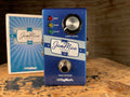 Blue Digitech JamMan Express XT pedal with three indicator lights, one knob, and one footswitch, shown with its box