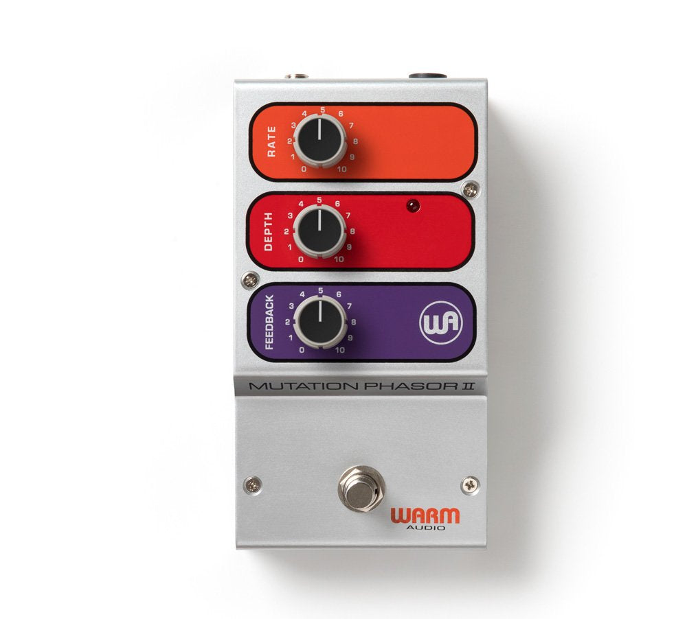 Silver modulation pedal with three labeled knobs and a footswitch on a white background.