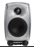 Front view of a silver studio monitor speaker with two speaker drivers and black stand.