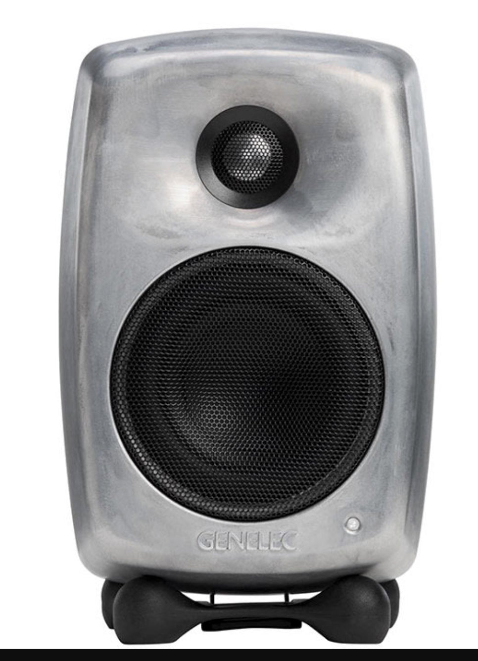 Front view of a silver studio monitor speaker with two speaker drivers and black stand.