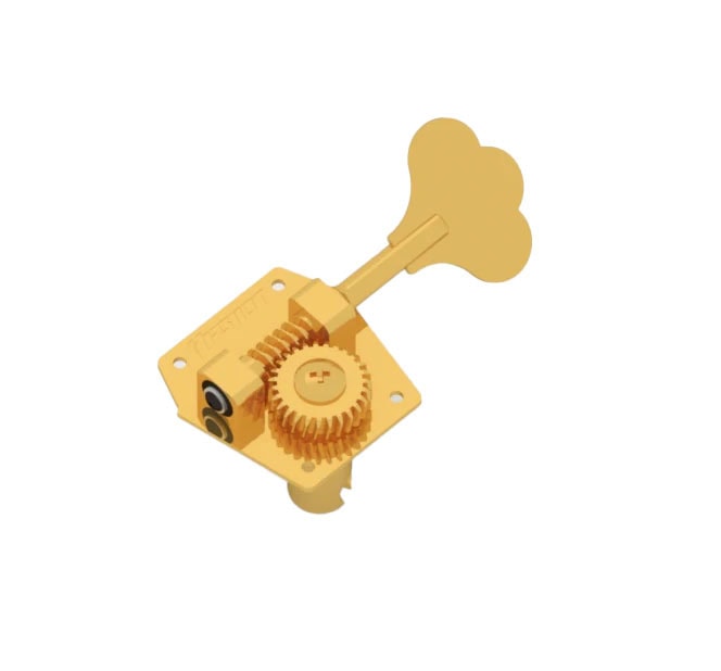 Gold-colored bass guitar tuning machine head with visible gear mechanism and tuning key.