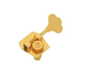 Gold-colored bass guitar tuning machine head with visible gear mechanism and tuning key.