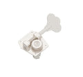 Nickel-colored metal tuning machine head for bass guitar with tuning key and mounting plate.