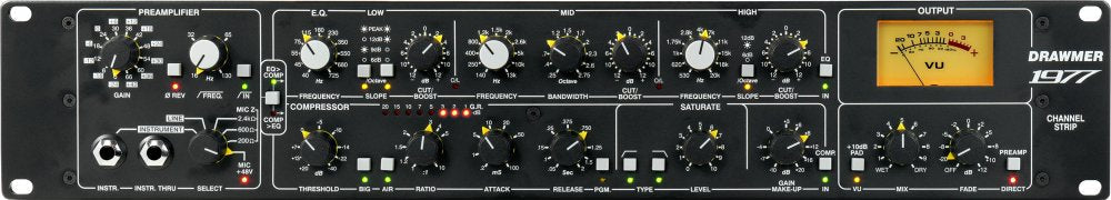 Front panel of a Drawmer 1977 audio preamplifier with multiple knobs, switches, VU meter, and input jacks.