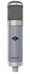 Gray and beige condenser microphone with mesh grille and threaded connector at bottom labeled Bock 167.