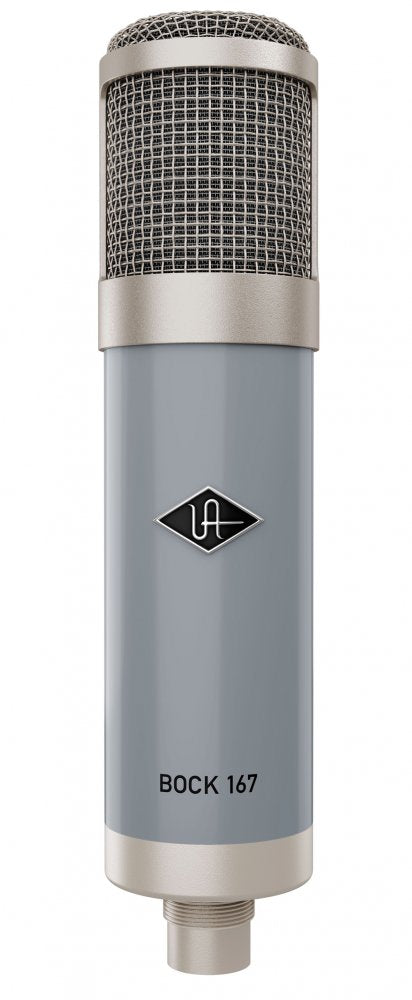 Gray and beige condenser microphone with mesh grille and threaded connector at bottom labeled Bock 167.