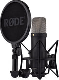 Black condenser microphone with metal mesh head, shock mount, and attached pop filter with RØDE logo.