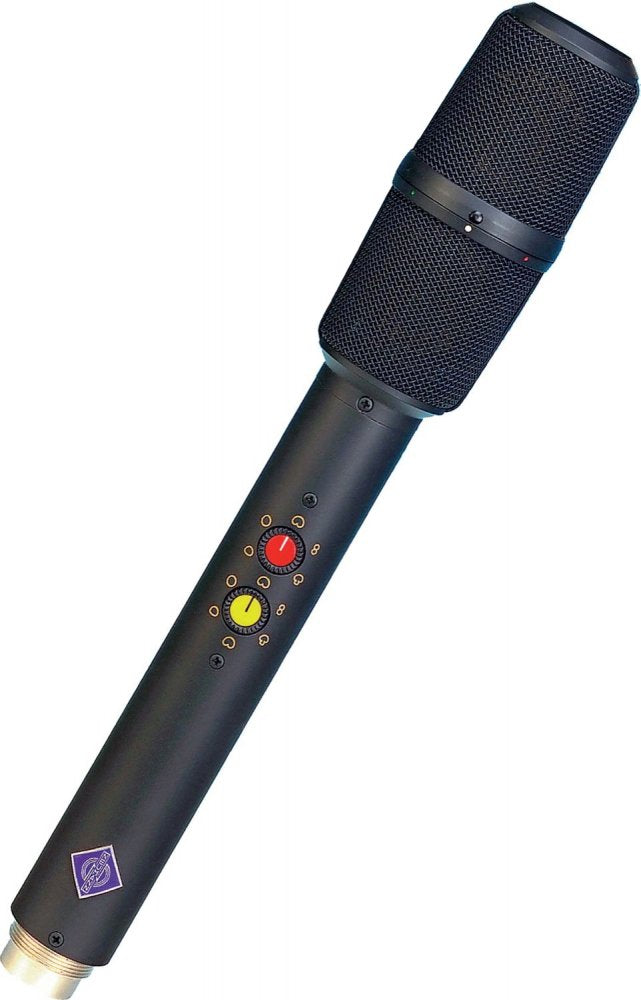 Black handheld microphone with mesh grille and two colored rotary knobs on the body