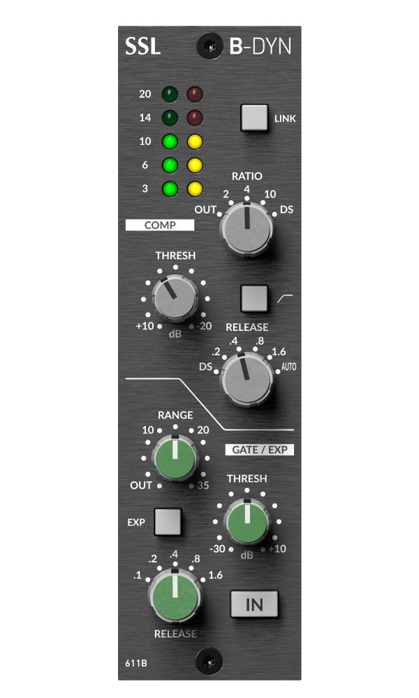 Front panel of an SSL B-DYN audio processor with knobs, buttons, LEDs, and labeled controls on a black faceplate.
