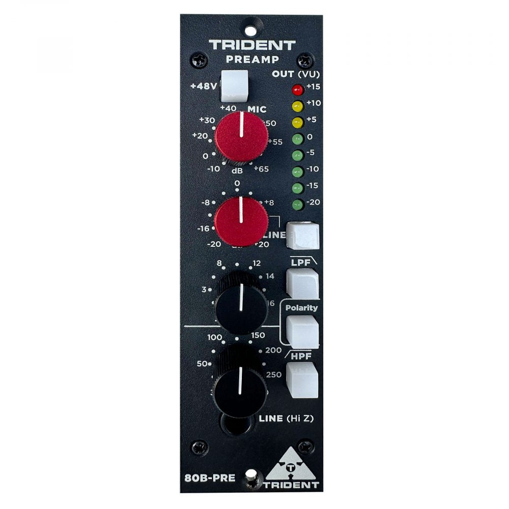 Black TRIDENT audio preamp module with rotary knobs and white push buttons for controls and LED level indicators.