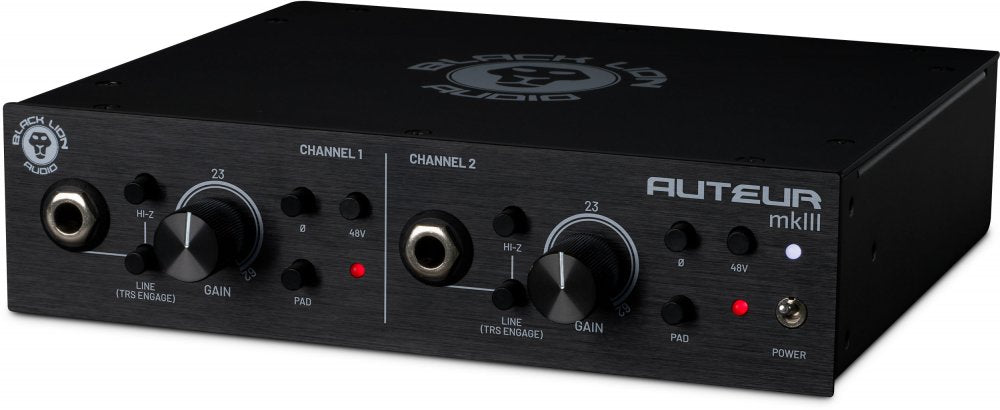 Black Lion Audio Auteur mkIII audio interface with two channels, gain knobs, pads, 48V phantom power, and 1/4 inch TRS inputs.