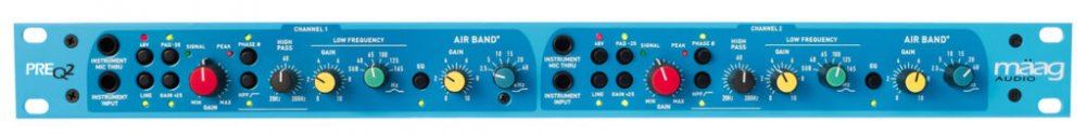 Blue audio preamplifier rack unit with knobs, switches, and 1/4 inch jacks for two channels