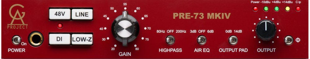Red audio preamplifier unit with multiple buttons, knobs, and a 1/4 inch jack on front panel.