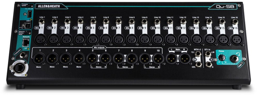 Black audio mixer with 16 XLR input connectors, multiple XLR output connectors, USB and Ethernet ports, and a headphone volume knob.