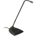 Black gooseneck microphone attached to a triangular base with an on/off switch and indicator light.
