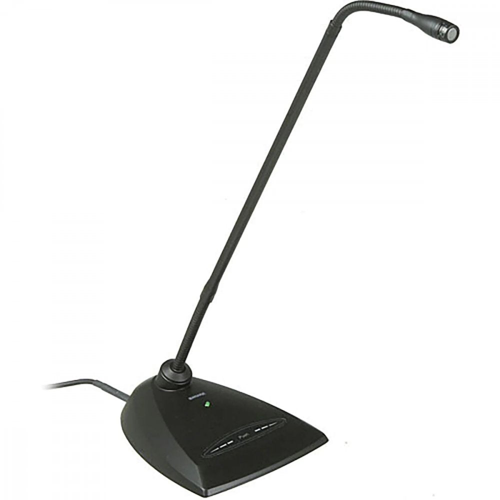 Black gooseneck microphone attached to a triangular base with an on/off switch and indicator light.