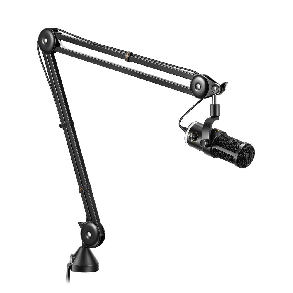 Black microphone mounted on a black adjustable arm stand with a rotary knob visible on the microphone.