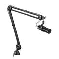 Black microphone mounted on a black adjustable arm stand with a rotary knob visible on the microphone.