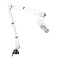 White microphone mounted on adjustable arm stand with a knob and attached USB cable.