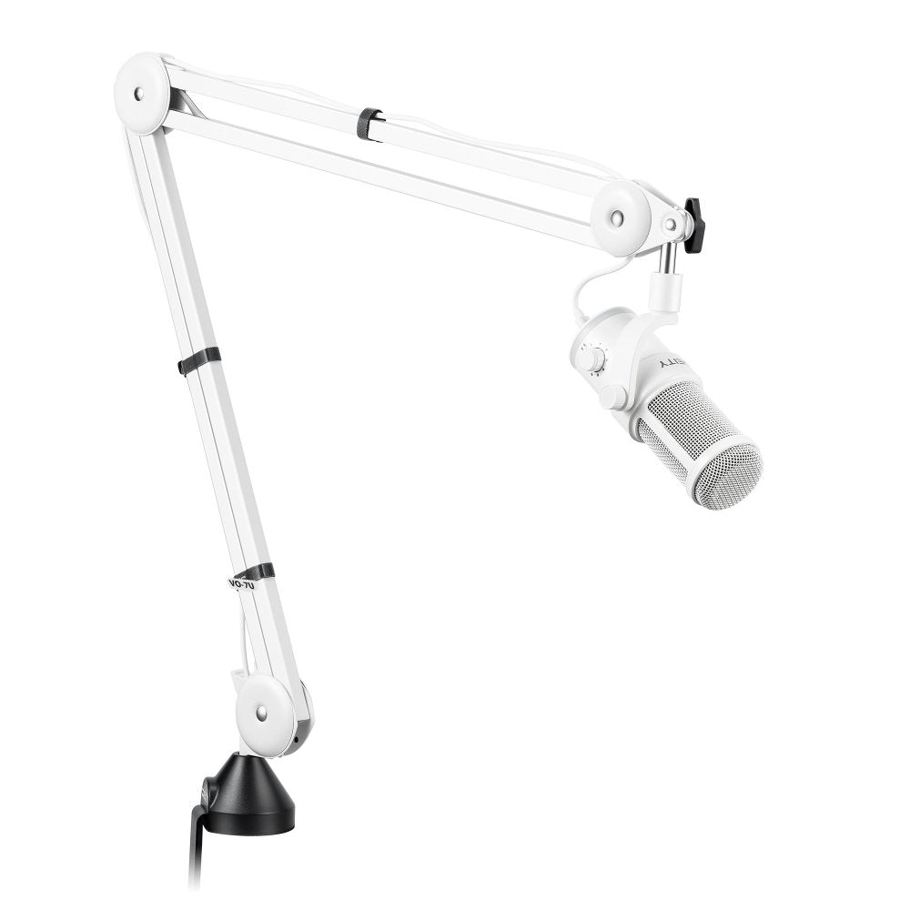 White microphone mounted on adjustable arm stand with a knob and attached USB cable.
