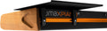 Close-up of a black and orange Studiologic maxPIANO GT side panel with a wooden end piece.