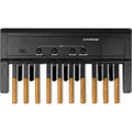 Partial keyboard MIDI controller with wooden and plastic keys and four black buttons above the keys on a black casing.