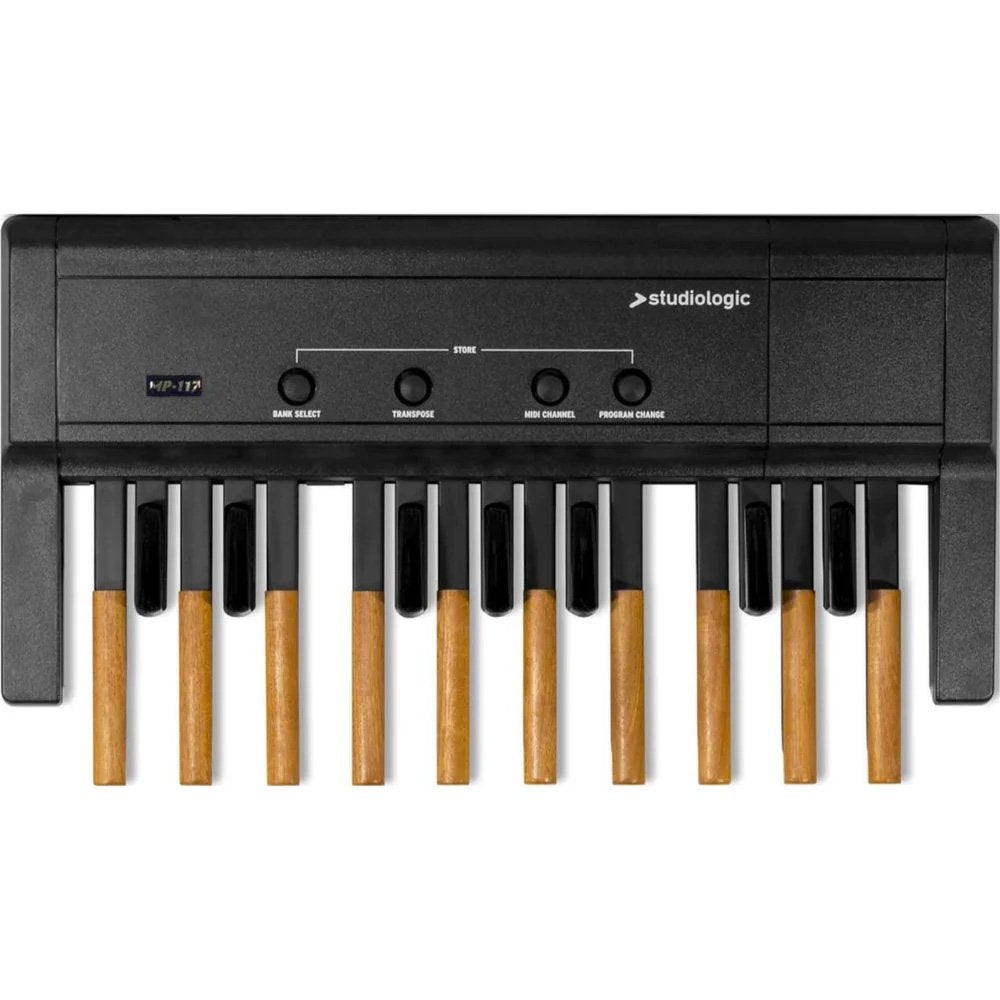 Partial keyboard MIDI controller with wooden and plastic keys and four black buttons above the keys on a black casing.