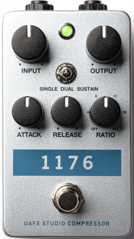 Silver guitar effects pedal with five knobs, one toggle switch, a footswitch, and a green LED labeled 1176 Studio Compressor