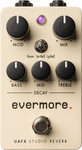 Beige guitar effects pedal with six black rotary knobs, a toggle switch, and a footswitch, labeled Evermore Studio Reverb.
