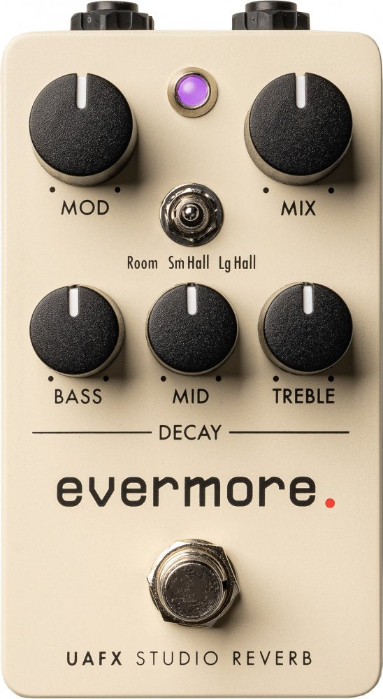Beige guitar effects pedal with six black rotary knobs, a toggle switch, and a footswitch, labeled Evermore Studio Reverb.