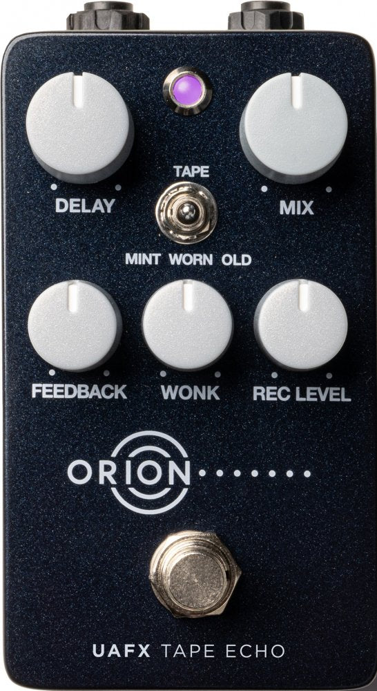 Black Orion delay pedal with six white knobs, toggle switch, purple LED, and metal footswitch.