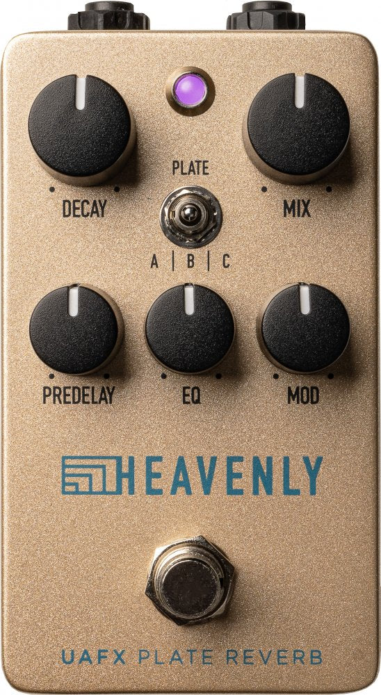 Gold-colored reverb pedal with black knobs labeled Decay, Mix, Predelay, EQ, Mod, a toggle switch for Plate modes, and a footswitch.