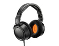 Black over-ear headphones with padded headband and ear cups, featuring an orange inner ear pad labeled L.