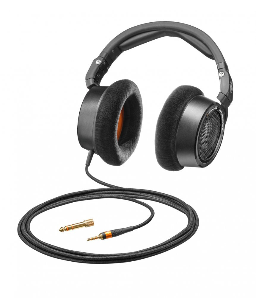 Black over-ear headphones with detachable cable and 3.5mm and 6.35mm audio plugs shown on white background.