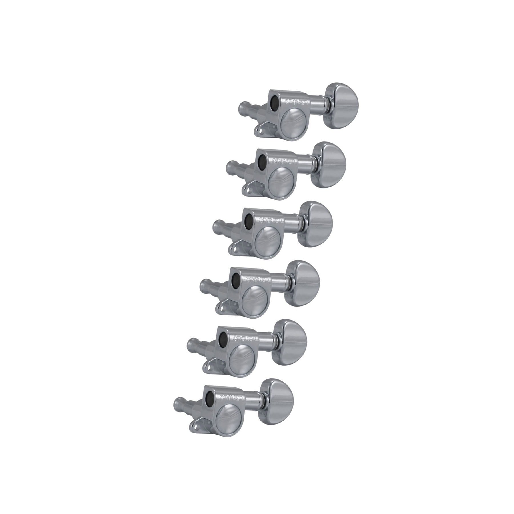 Set of six chrome guitar machine heads arranged in a vertical line.