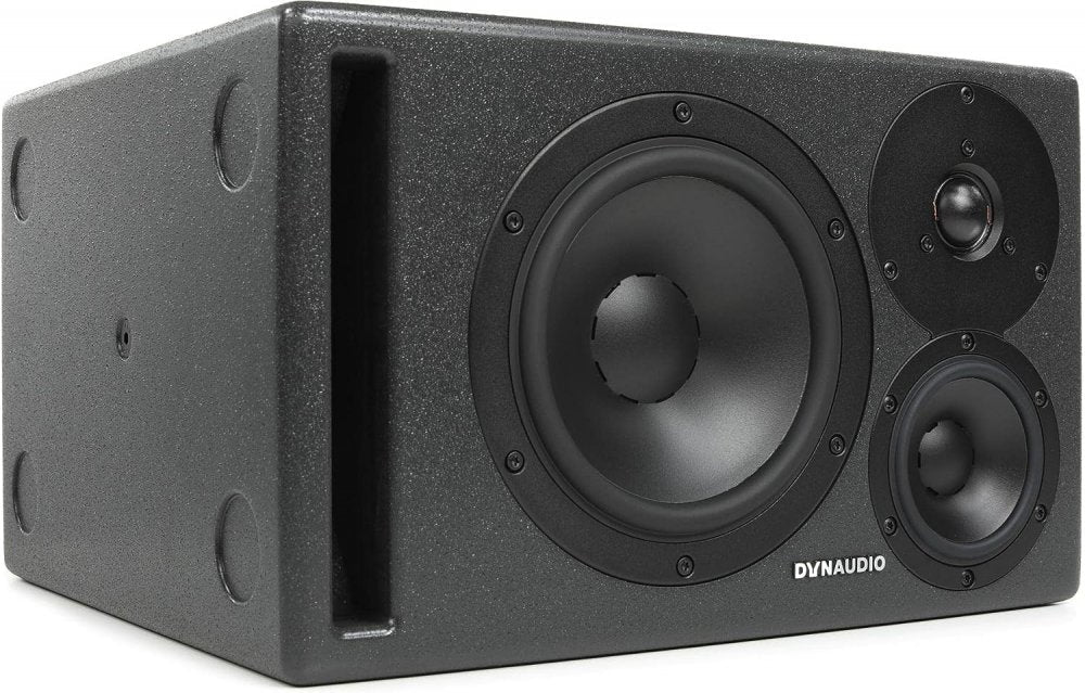 Black rectangular studio monitor speaker with three visible drivers and a front bass port.