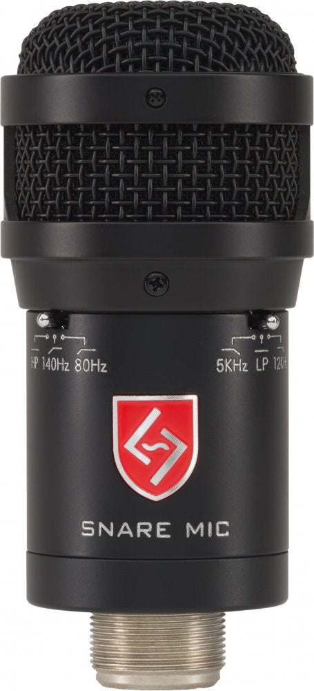 Black microphone with metal mesh grille, switches for frequency settings, and threaded metal connector below.