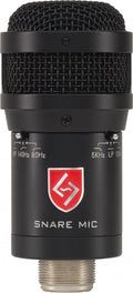 Black microphone with metal mesh grille, switches for frequency settings, and threaded metal connector below.