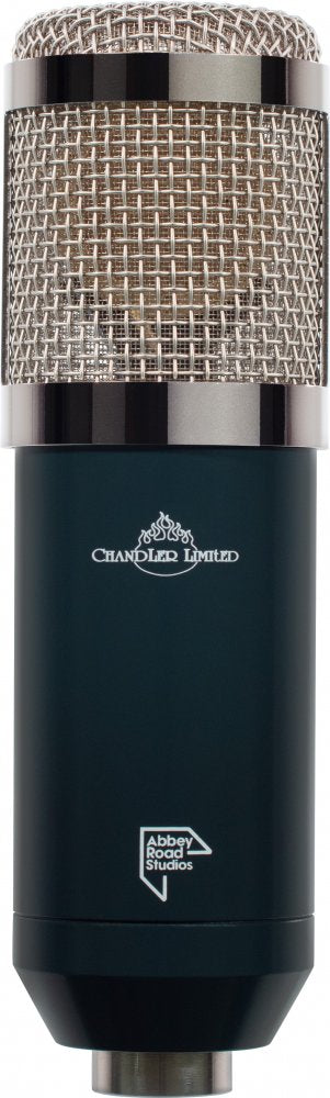 Black and silver microphone with metal mesh grille and logos of Chandler Limited and Abbey Road Studios.
