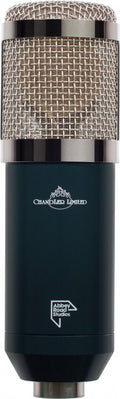 Black and silver microphone with metal mesh grille and logos of Chandler Limited and Abbey Road Studios.
