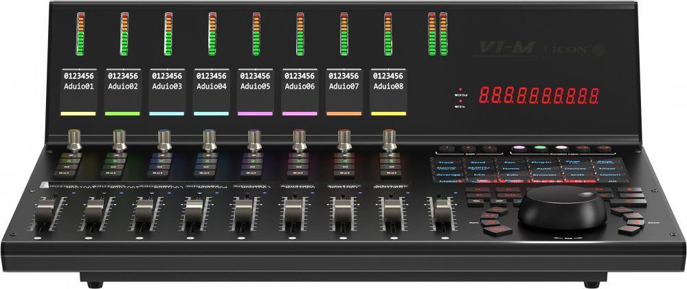 Black audio mixer or monitor controller with faders, colored level meters, a rotary knob, and red digital display.