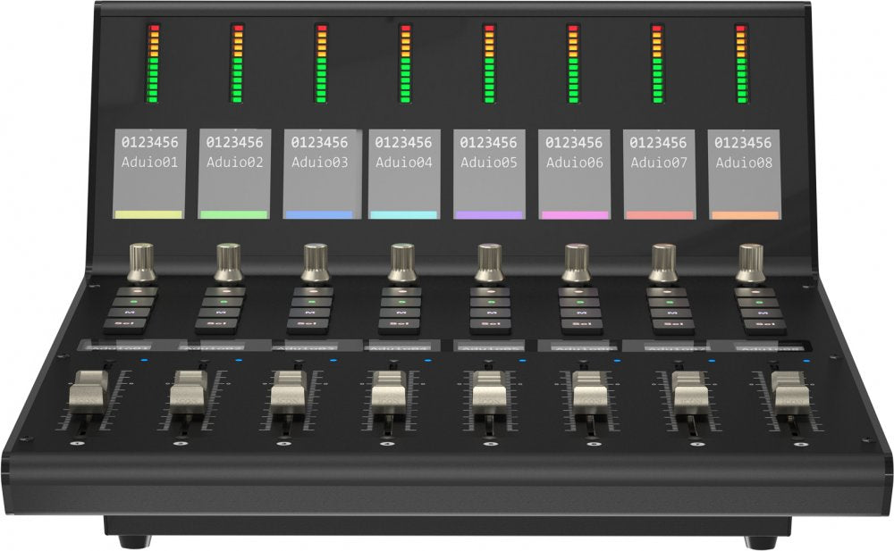 Audio mixing console with eight channels, each having a slider, rotary knob, buttons, and colored LED level meters.