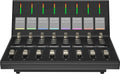 Audio mixing console with eight channels, each having a slider, rotary knob, buttons, and colored LED level meters.
