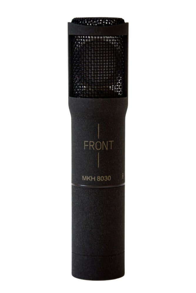 Black microphone with mesh grille and label reading FRONT MKH 8030
