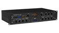 Black rackmount audio preamplifier unit with knobs, switches, a VU meter, and 1/4 inch input jack.