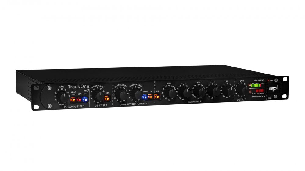 Black rackmount audio processing unit with gain, compression, equalizer controls and LED meters.