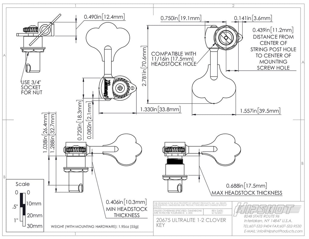 Hipshot HB6 USA Ultralite® Bass Tuning Machine With 1/2″ String Post – Chrome