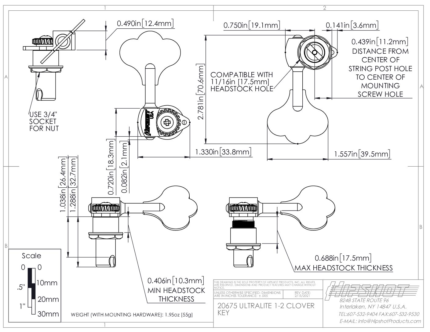Hipshot HB6 USA Ultralite® Bass Tuning Machine With 1/2″ String Post – Chrome