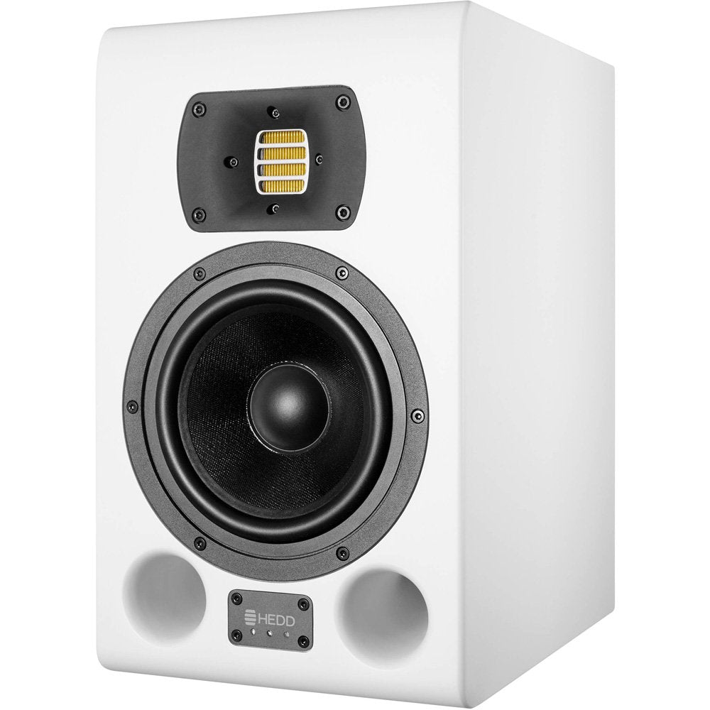White studio monitor speaker with black drivers and HEDD logo on front panel.